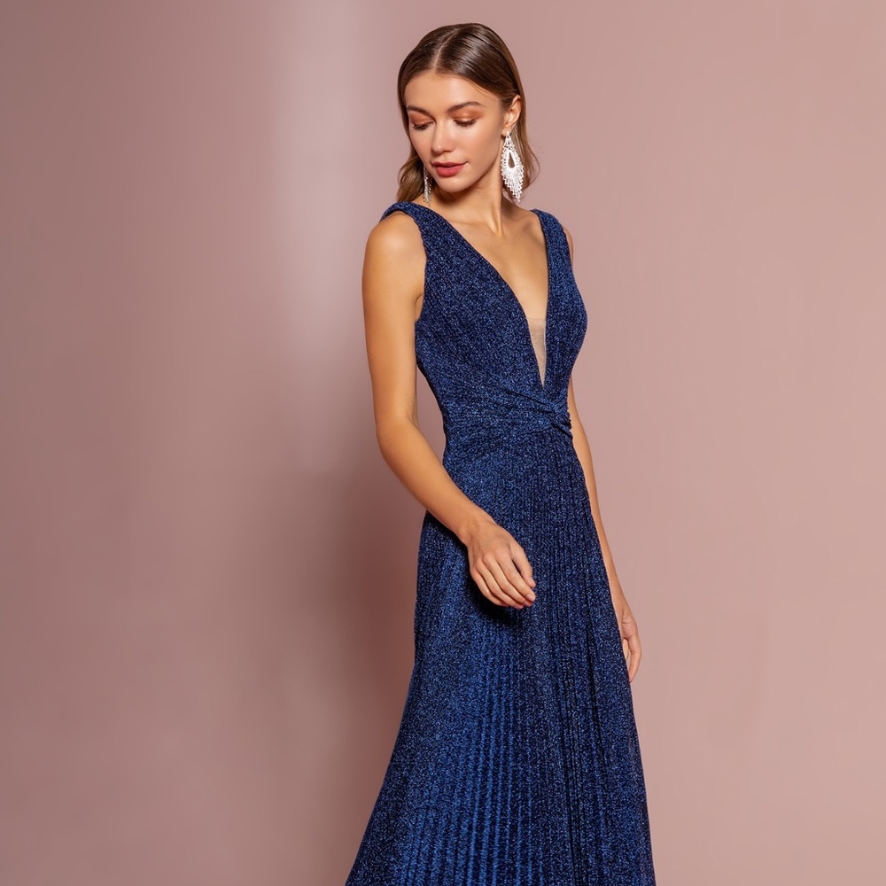 Navy Prom/Formal Full Length Dress Illusion Deep V-Neck